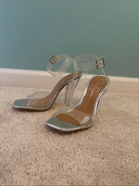 Jessica Simpson Clear Glitter Ankle-Strap Heels - Silver